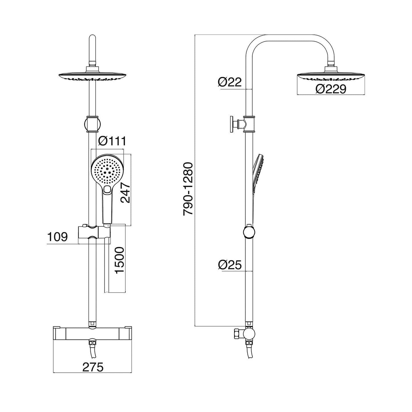 EuroShowers THERMO Round Rigid Riser Twin Head Black Shower Set
