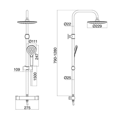 EuroShowers THERMO Round Rigid Riser Twin Head Black Shower Set